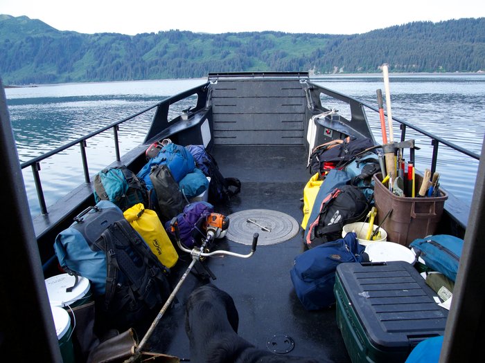 Trail gear makes its way out to Taylor Bay to begin a trail building project.