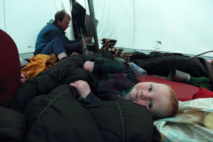 Lituya lounges in the warm tent