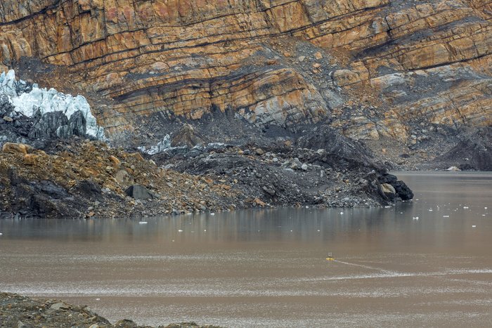 The small, remote control, mulitbeam boat surveys and maps the sea-floor at the head of Taan Fjord. Over the course of a week, in early August, 2016, a team of researchers studied and mapped the submarine landslide deposit from the October 2015 landslide. 