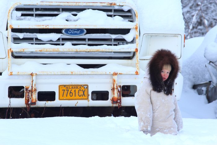 Katmai's love of big construction equipment spurs him to brave the deep snow.