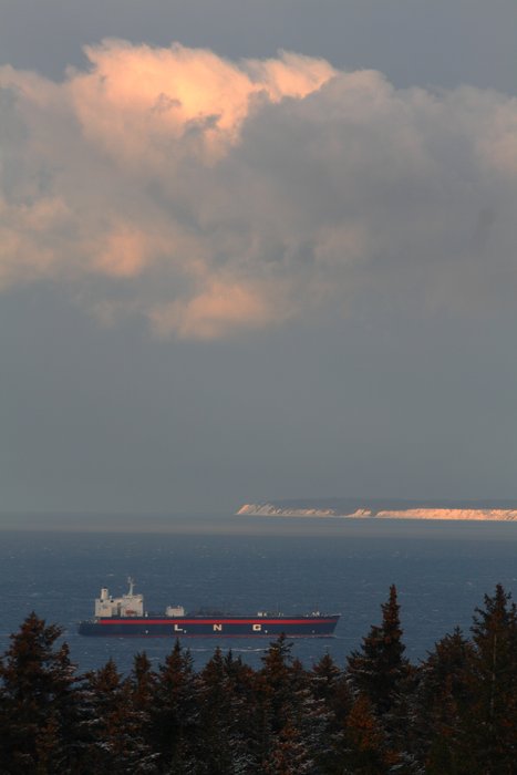 An LNG tanker enters Kachemak Bay, likely to wait for weather and tide ideal for docking in Nikiski.