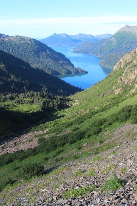 Taylor Bay winds its way out to the ocean below the pass.