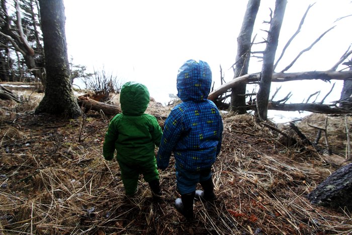 The kids look out at the ocean on one of our many climbs over headlands between Dogfish Bay and Nanwalek.