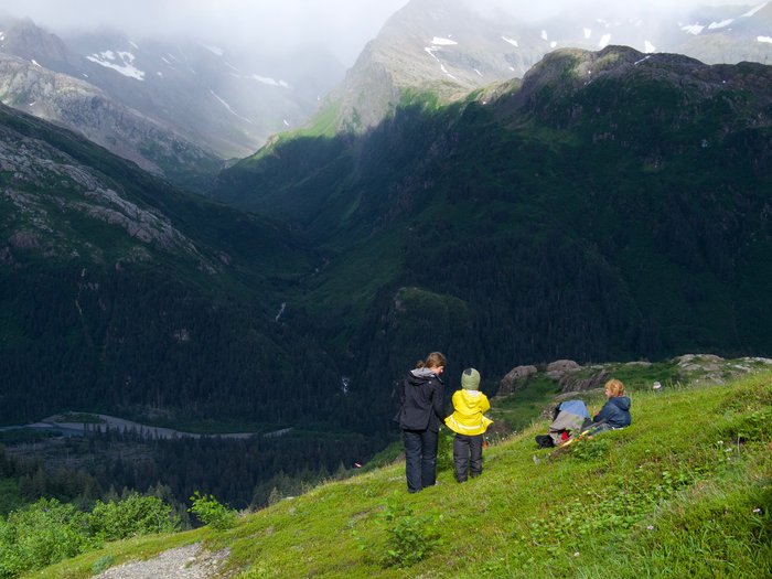 Across Taylor Valley, Tutka Pass is veiled with rain.