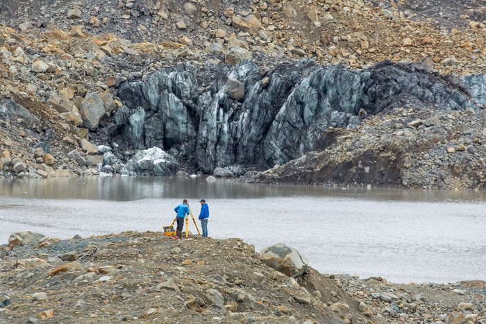 The marine survey crew works from the Western shore of Taan Fjord, near the glacier snout, atop landslide debris. Over the course of a week, the marine survey team mapped several shallow-water locations but most importantly near Taan Glacier, where the landslide occurred. 