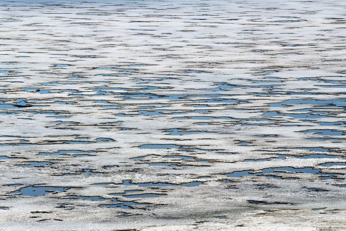 Mud embedded in the ice warms in the sun, melting puddles upward to the surface.  To stay dry, we tried to ski winding ice paths between the puddles.