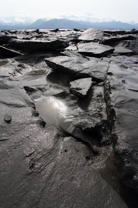 Large ice flows coated in mud fill a small slough at low tide in Chickaloon Bay.