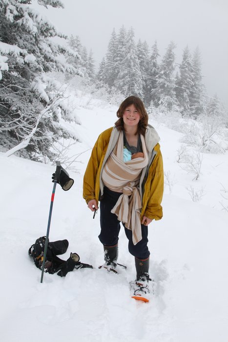 Nursing while snowshoeing