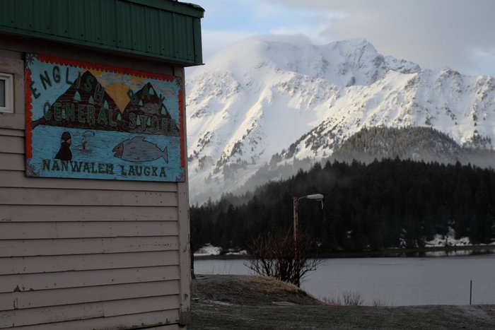 Nanwalek store and Mount Bede