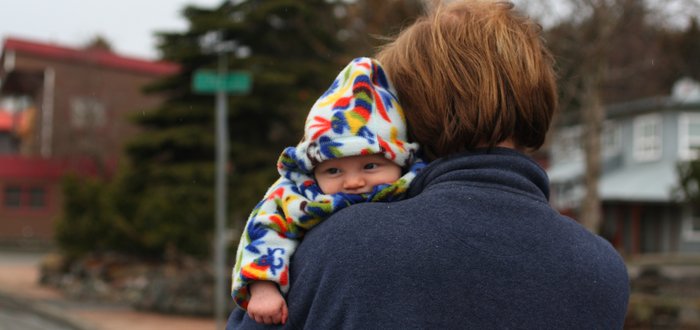 snuggling with Hig as he walks through town