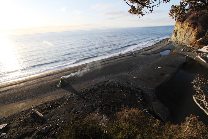 Looking down at our tent on Johnson Creek Beach