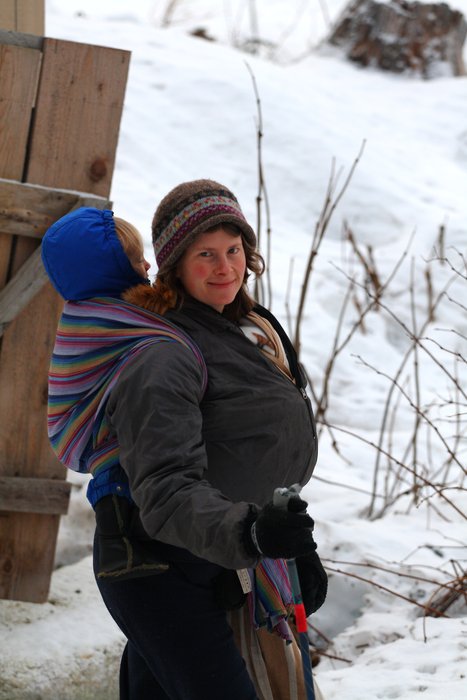 Two wraps allows a double-kid hike.  Katmai rides on back, while Lituya is bundled up on Erin's front