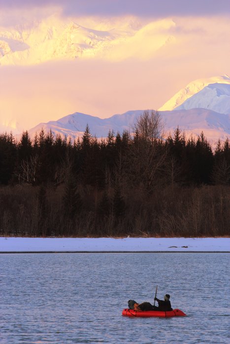 Our Alpacka "double duck" raft was enough for the whole family and gear - sometimes 450 lbs in one shot.  Here I'm paddling with Katmai and our two packs.