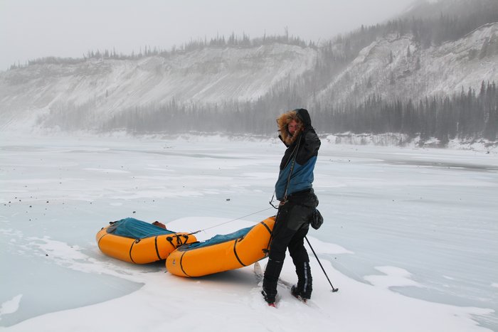 On the Matanuska River, strong winds sent the sleds skittering and flipping, and we had to tie all the gear down inside them.