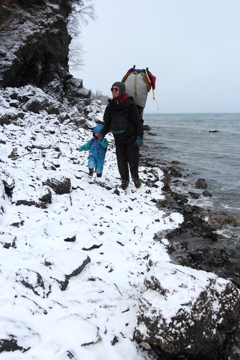 We hurried to pass rocky points before the tide brought cold waves against vertical rock.