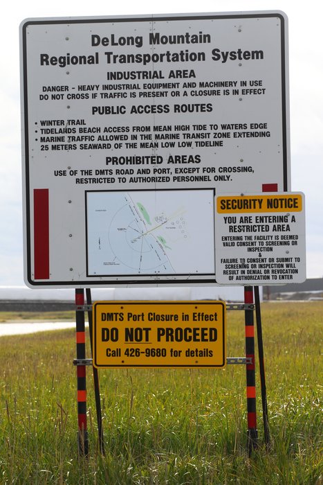 Sign warning about entry into Red Dog mine's industrial port.