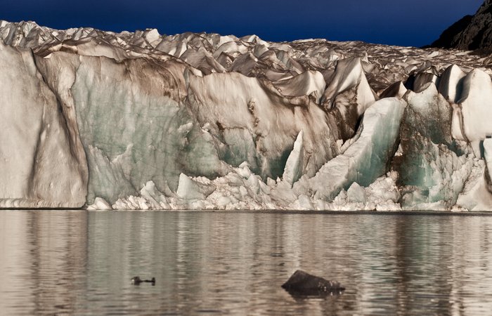 An overnight calving event, which was heard but not seen, resulting in this tumultuous scene.  A fresh face was exposed while towers of ice teeter ominously.