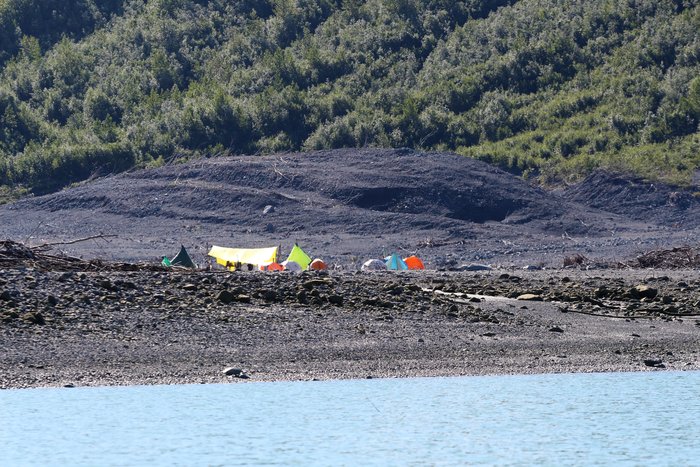 While studying the Taan tsunami, we camped on a broad beach-like plain of sand and boulders that the tsunami left behind.