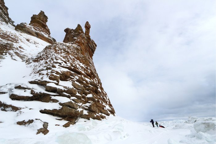 skiing around sea cliffs on the ice