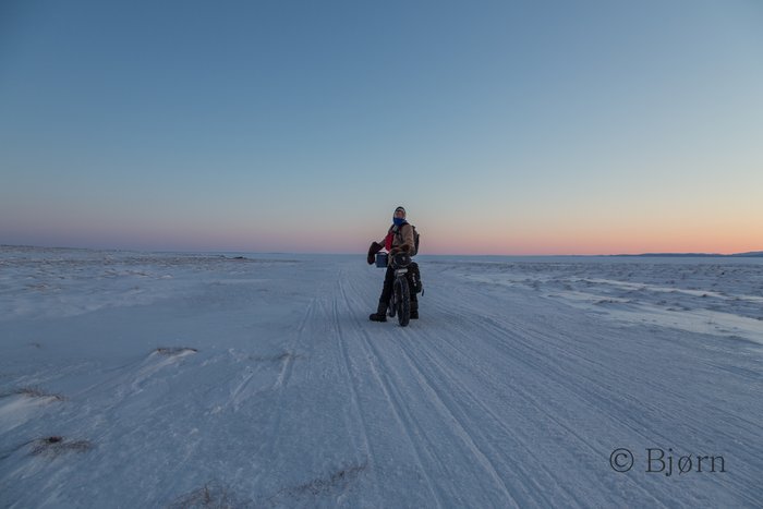 In the pre-dawn, Kim and Bjørn prepare to leave the shore and head across Norton Sound to the village of Koyuk.