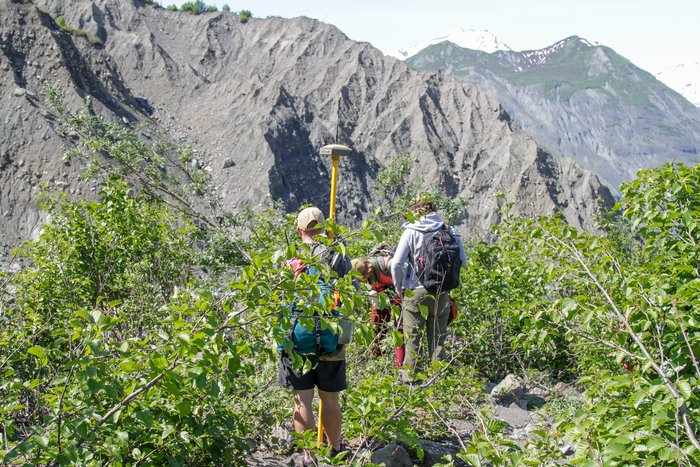 Andrew Mattox and Vasillios Skanavis survey the tsunami 'run-up', or high water mark, in Taan Fjord. One of the many challenges in creating a reliable model of the Taan Fjord, landslide generated tsunami, is surveying as much of the run-up as possible. Vasillios and Andrew made an incredible effort. 