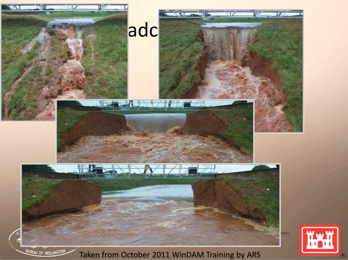 In a controlled event, water overtops an earthen embankment dam and rapidly incises through it.  This sequence is taken from a 2012 Bureau of Reclamation & Army Corp of Engineers presentation.