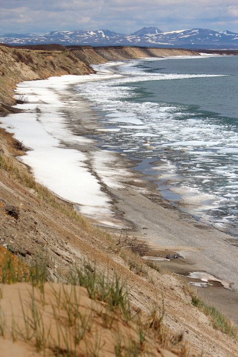 Eroding bluffs stand above the shoreline of Lake Iliamna.