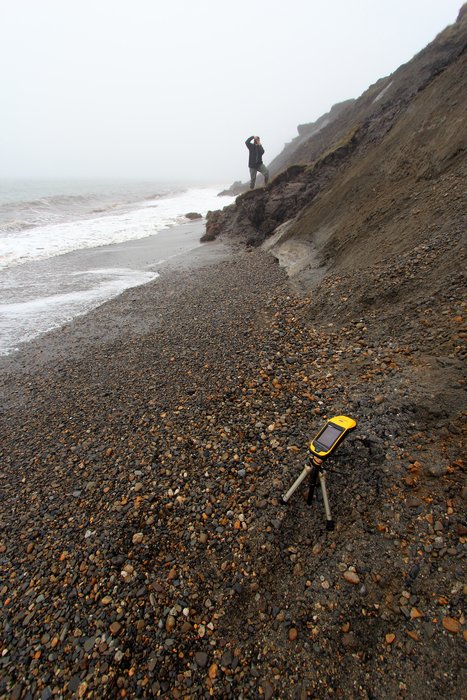 There wasn't much room on this narrow beach to set up a GPS survey point.