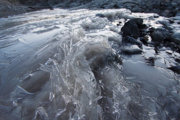 Terrace dams formed overnight are a sure sign of supercooling.  Supercooled water only forms deep in the glacier, below hundreds of feet of ice, so this is evidence that spring wells from deep below, and that gravel and alder hide a lot of ice.