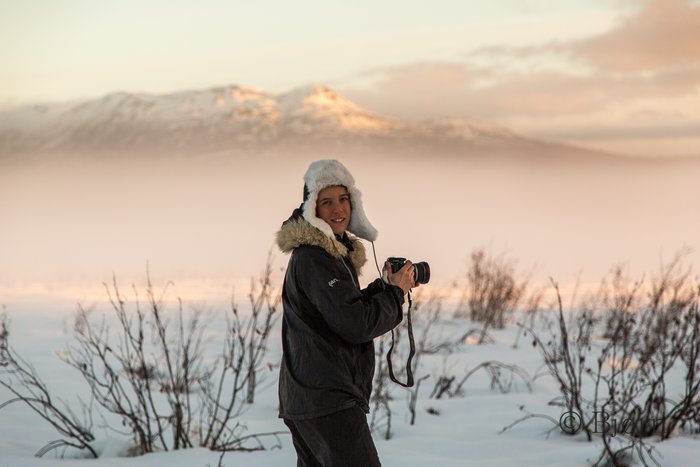 Kim photographs morning ice fog in a swamp near Skwentna.