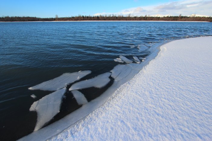 The rising tide on Sudden Stream floats fresh snow.