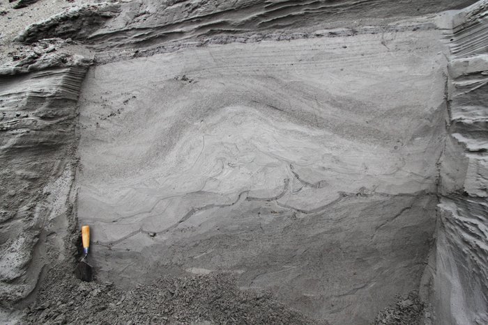 Climbing ripples and mud laminae folded, then truncated by an erosional surface.
