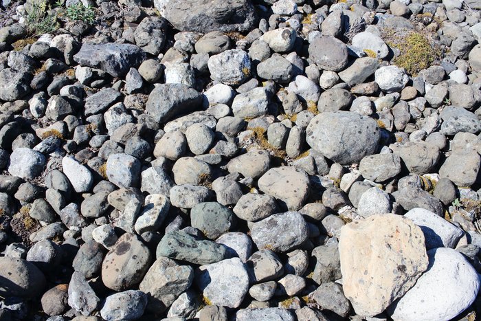 Not very many processes can neatly sort boulders of this size (most of these are 15-40 cm in diameter). In this case, the flow was a tsunami from a nearby lake that happened when a giant landslide plunged into the lake.