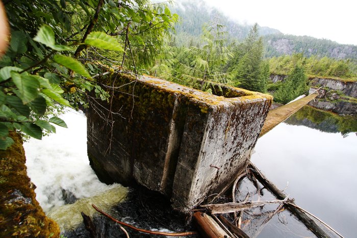 Water flows through a small spillway on an abandoned dam.  The dam was built to support gold mining that stopped long ago, but it continues to block fish passage.
