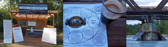 Talkeetna is the first and most significant town on the Susitna. The opposition to the dam is centered here and signs of this opposition can be found sprinkled around town. Note the far right picture has two graffiti messages – the rightmost shows a skull and dead salmon.