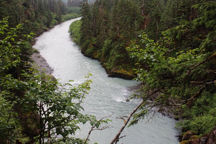 Just below a large waterfall, the river flattens out.