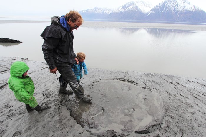 By jumping on the silty shore of Turnagain Arm we created a pool of liquefied mud.