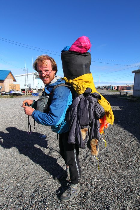 Hig's ultralight pack wasn't quite designed to carry 9 days worth of food and gear for 3 people, especially on a warm day like this.  We took to festooning gear on the back of the pack to compensate.