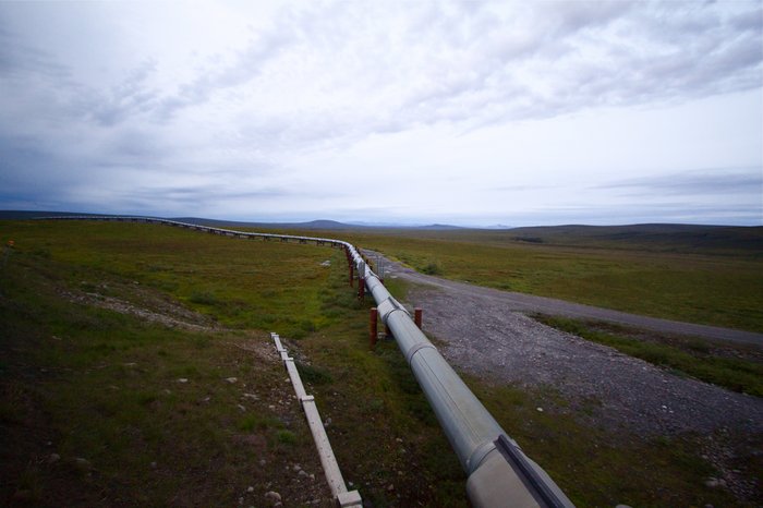 The pipeline and the road follow a similar path through Alaska, but they often diverge from each other. Here the pipeline is running below the Dalton Highway. 