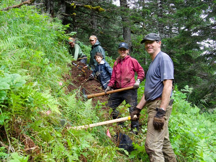 Hard work to make a nice tread along a steep slope.