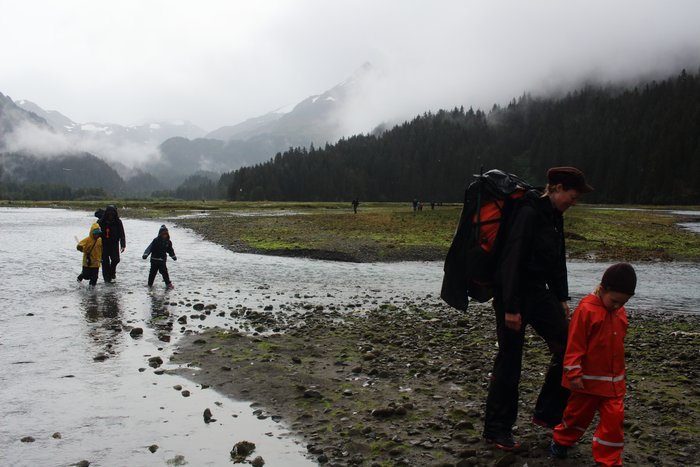 Getting from the trailhead to tidewater sometimes requires a hike across the tide flats.