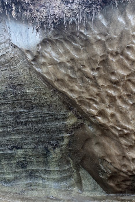 The layered stuff on the left tastes a lot like a swamp - frozen marshy tundra built up over thousands of years.  On the right, mostly like water.  Run it through your Britta to take out some of the color and it'll be quite tasty.