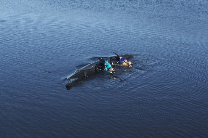 Bjørn and Kim in their home made double sea kayak.