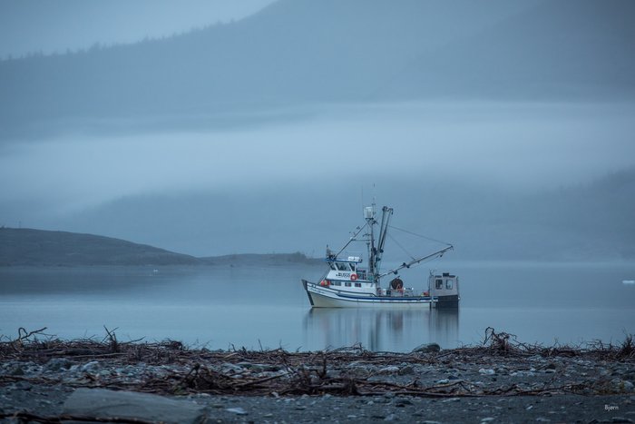 The MV Gyre rests at anchor between submarine mapping surveys of Taan Fjord. 