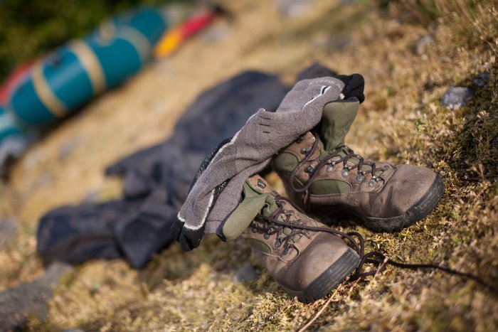 Boots and socks dry after an afternoon rain