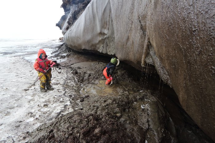 Katmai looks into the dark notch, eroded by waves during last summer's open-water season.