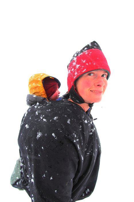 Erin and sleeping Lituya in the snow