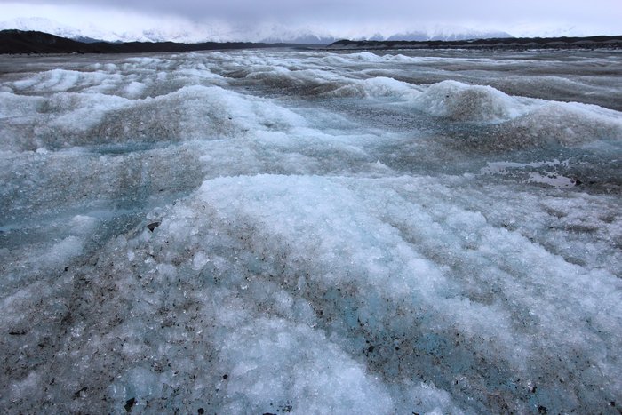 From a distance, this mixed clean and dirty ice appeared like whitecaps on the rolling ocean of ice that was Malaspina Glacier.