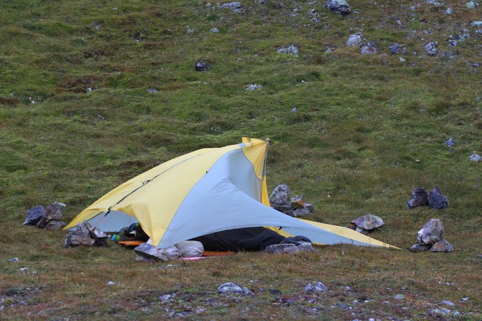 After getting caught by severe winds in the night we reconfigured our tent into this form.