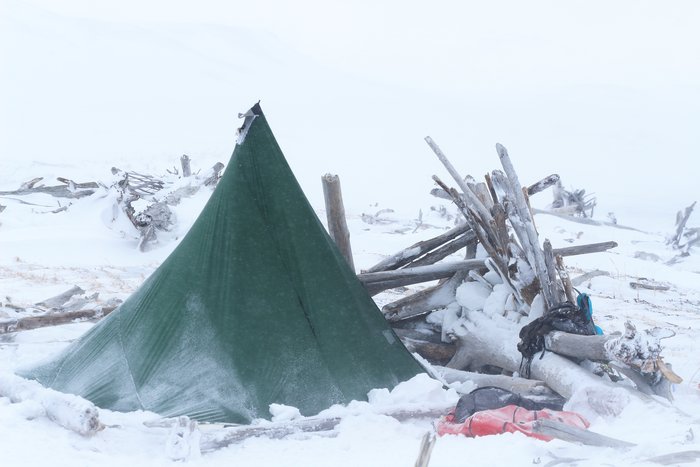 Our tent, somewhat protected by a ramshackle driftwood wind barrier.